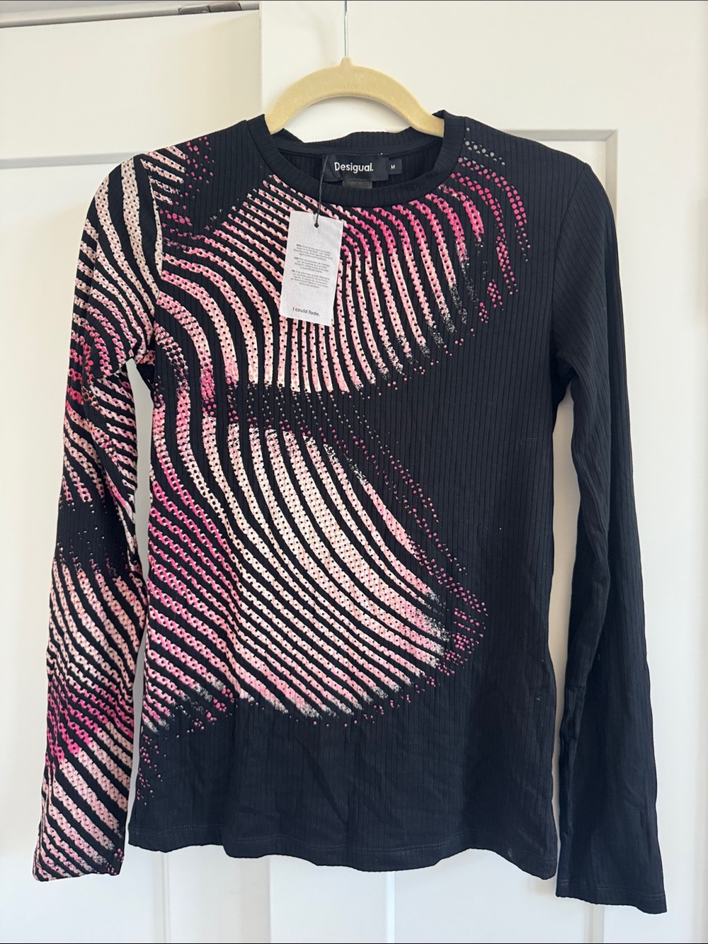 Desigual Black Long Sleeve Tee with Pink Wave Print